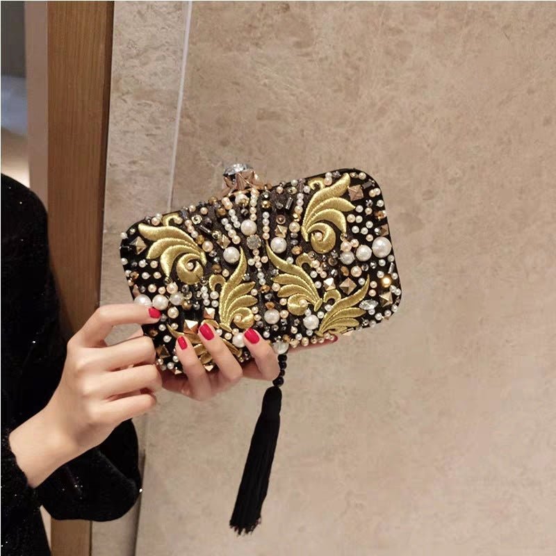 Embroidered Party Handmade Diamond Black Tassel Clutch Yellow