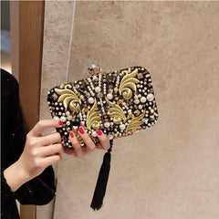 Embroidered Party Handmade Diamond Black Tassel Clutch Yellow