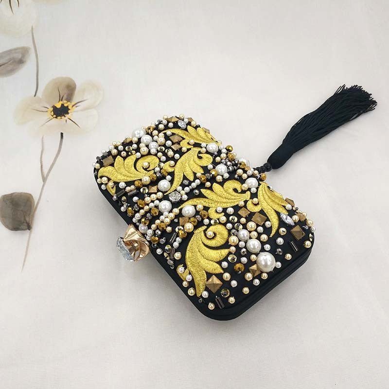 Embroidered Party Handmade Diamond Black Tassel Clutch Yellow