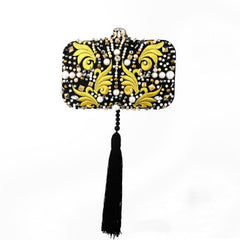 Embroidered Party Handmade Diamond Black Tassel Clutch Yellow