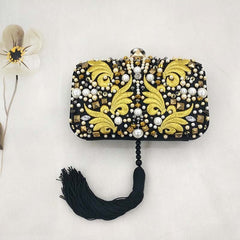 Embroidered Party Handmade Diamond Black Tassel Clutch Yellow