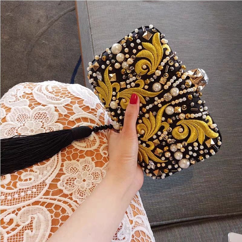 Embroidered Party Handmade Diamond Black Tassel Clutch Yellow