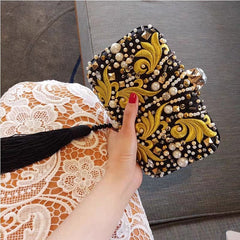 Embroidered Party Handmade Diamond Black Tassel Clutch Yellow