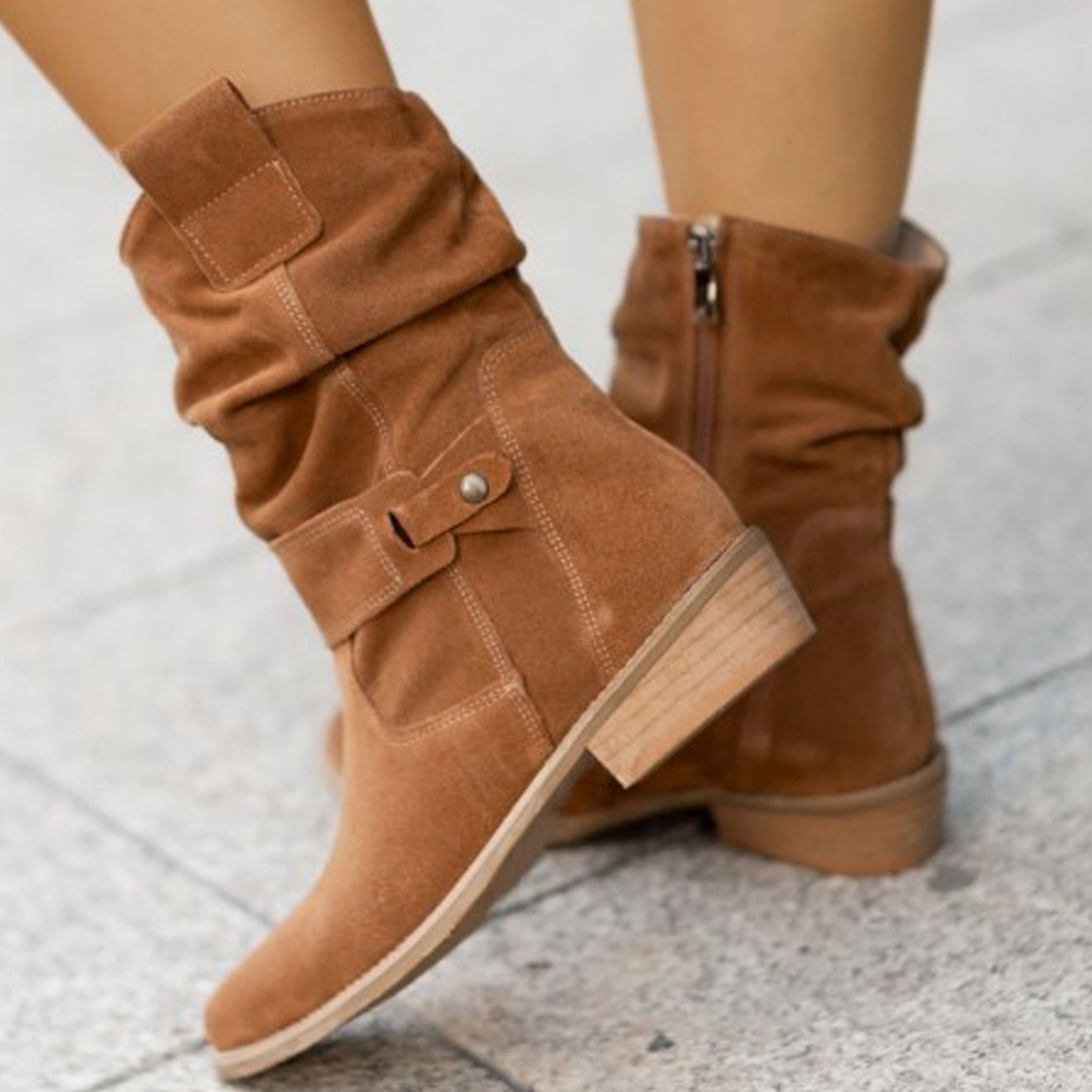 European And American Style Round Toe Metal Boots Brown