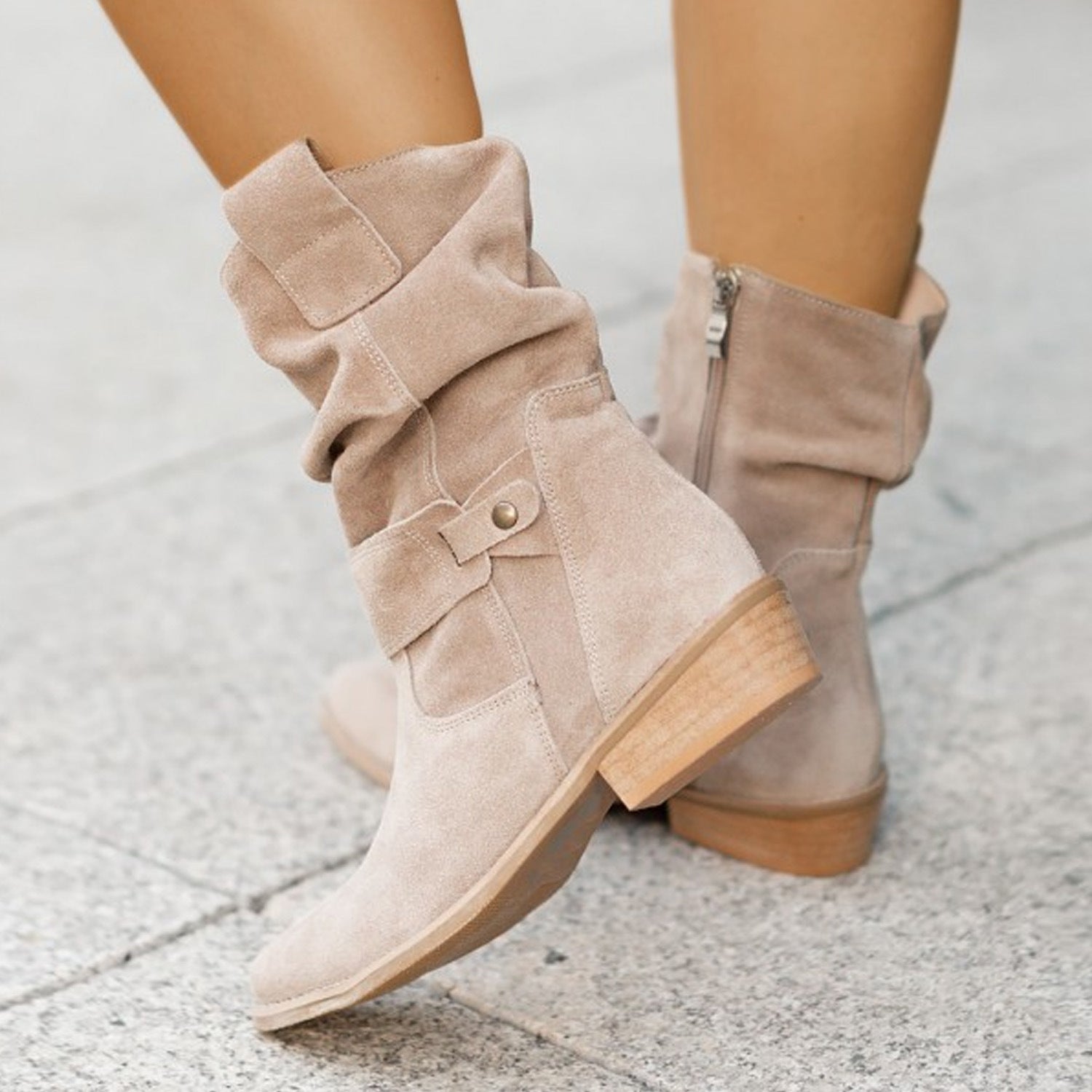 European And American Style Round Toe Metal Boots Black Apricot