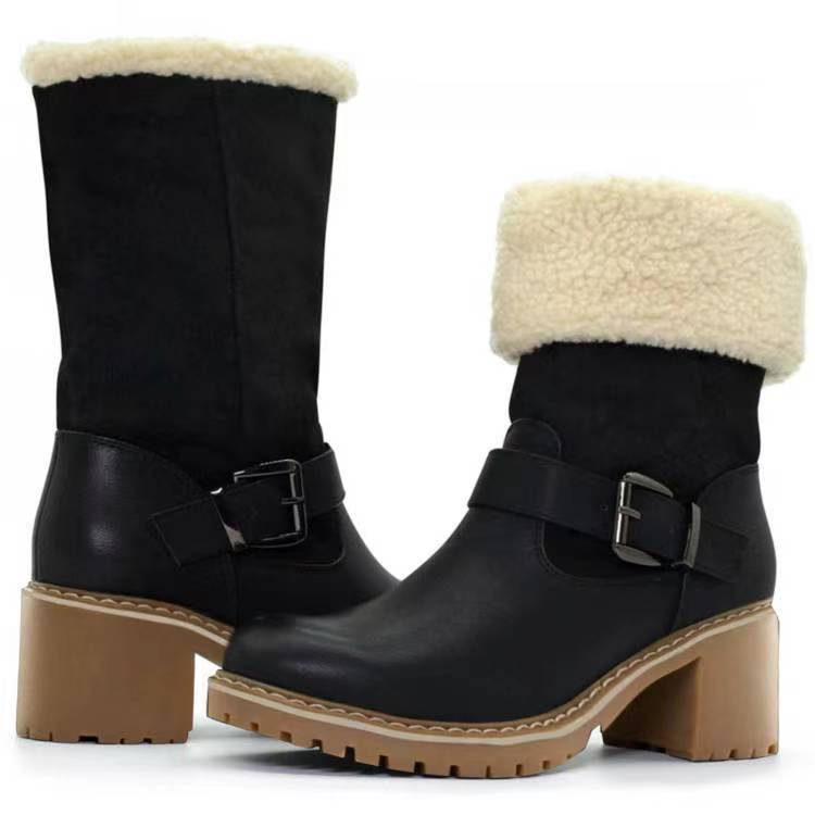Fashion Boots With Buckle Chunky Heel Black