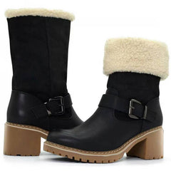 Fashion Boots With Buckle Chunky Heel Black