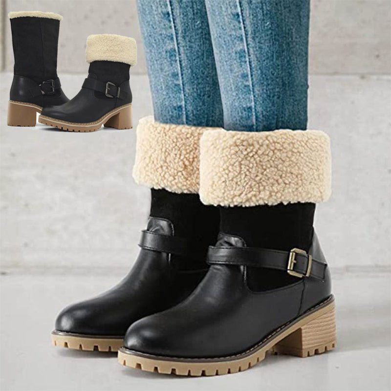 Fashion Boots With Buckle Chunky Heel Black