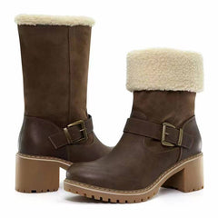 Fashion Boots With Buckle Chunky Heel Coffee