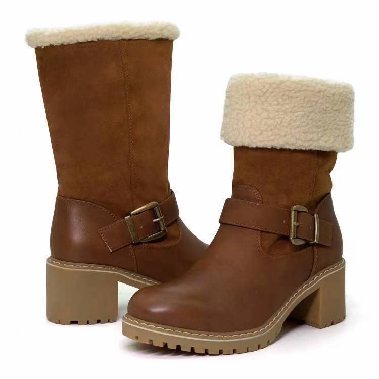 Fashion Boots With Buckle Chunky Heel Light Brown