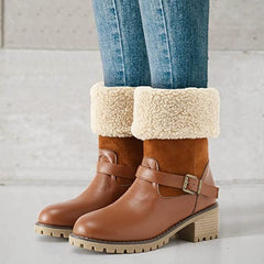 Fashion Boots With Buckle Chunky Heel Coffee