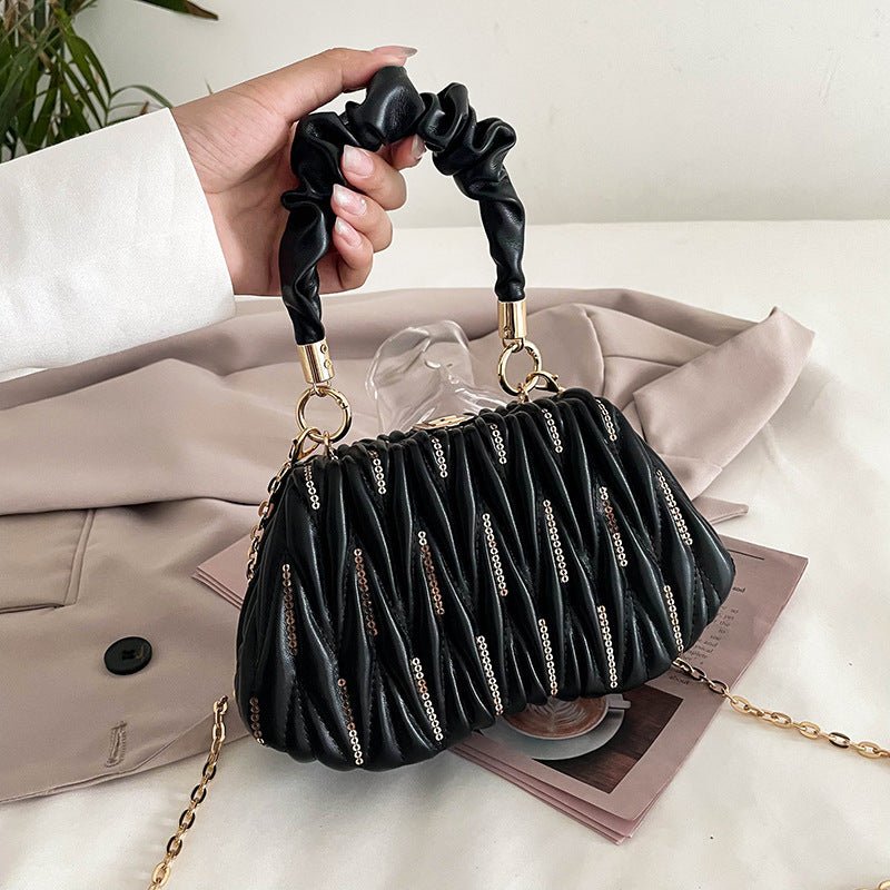 Fashion Chain Clutch - Pleated Portable Messenger Bag Black