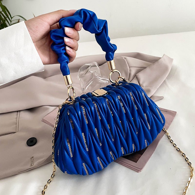 Fashion Chain Clutch - Pleated Portable Messenger Bag Blue