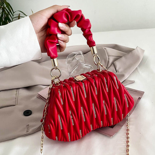 Fashion Chain Clutch - Pleated Portable Messenger Bag Red