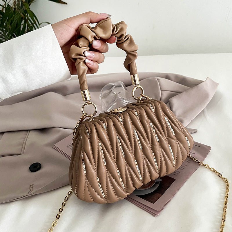 Fashion Chain Clutch - Pleated Portable Messenger Bag Khaki
