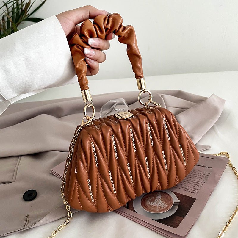 Fashion Chain Clutch - Pleated Portable Messenger Bag Brown
