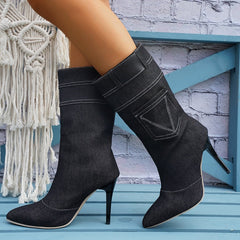Fashion Denim Boots Women's Stiletto Pointed Toe Western Boots Black