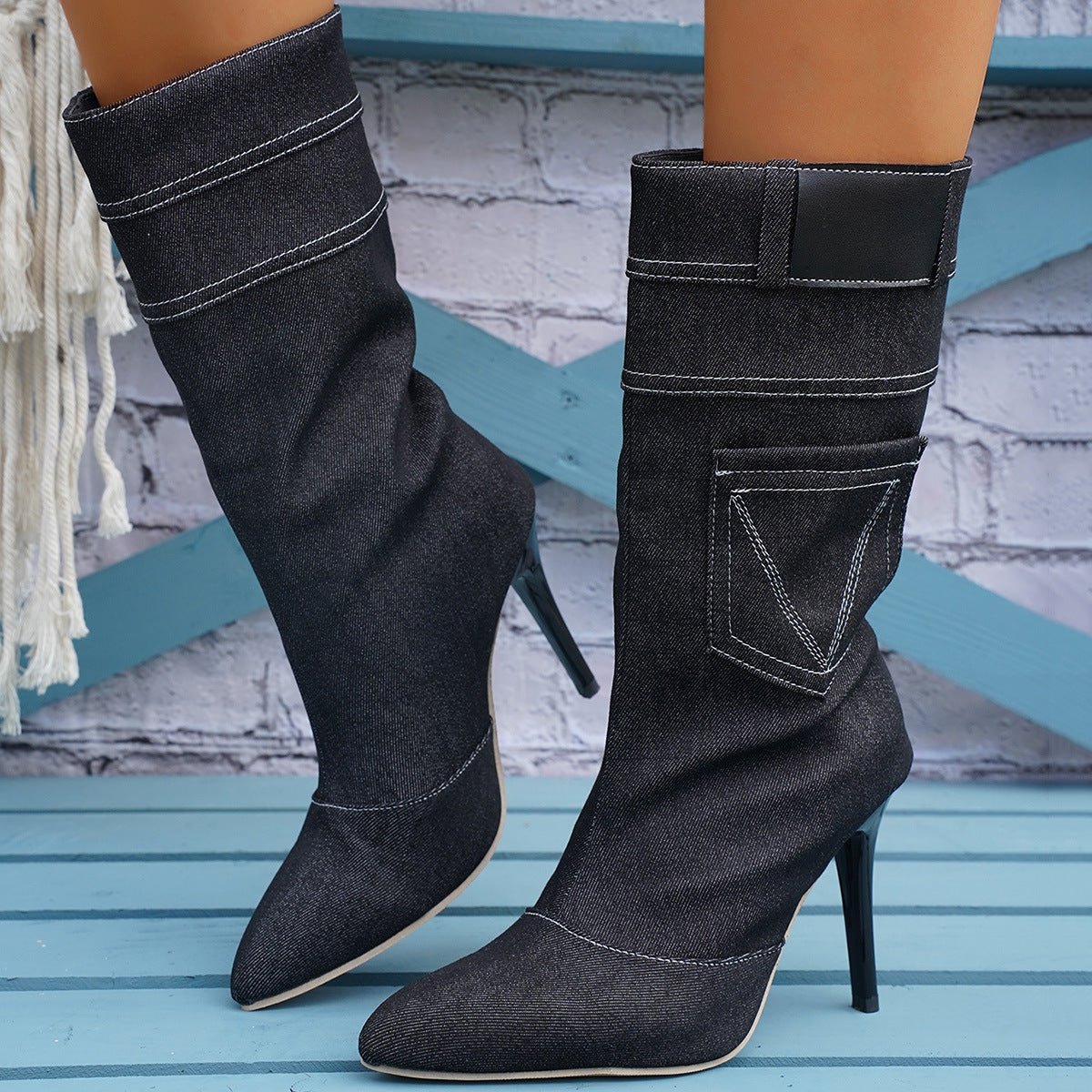 Fashion Denim Boots Women's Stiletto Pointed Toe Western Boots Blue