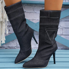 Fashion Denim Boots Women's Stiletto Pointed Toe Western Boots Blue