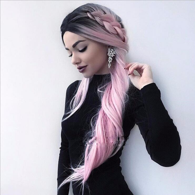 Fashion Gradient Long Straight Hair Wig Gradient light pink