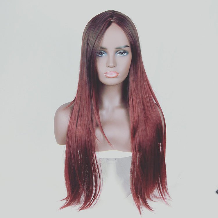 Fashion Gradient Long Straight Hair Wig Gradient wine red