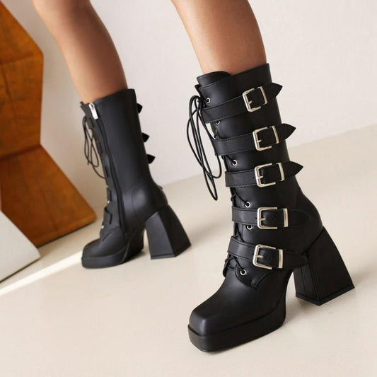 Fashion Ladies Square Toe But Knee Ankle Boots Green