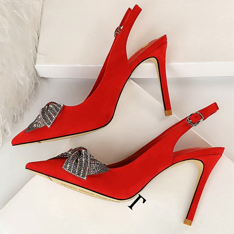 Fashion sexy slim stiletto high heel suede shallow pointy rhinestone bow single shoes Red