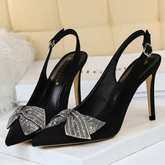 Fashion sexy slim stiletto high heel suede shallow pointy rhinestone bow single shoes Black