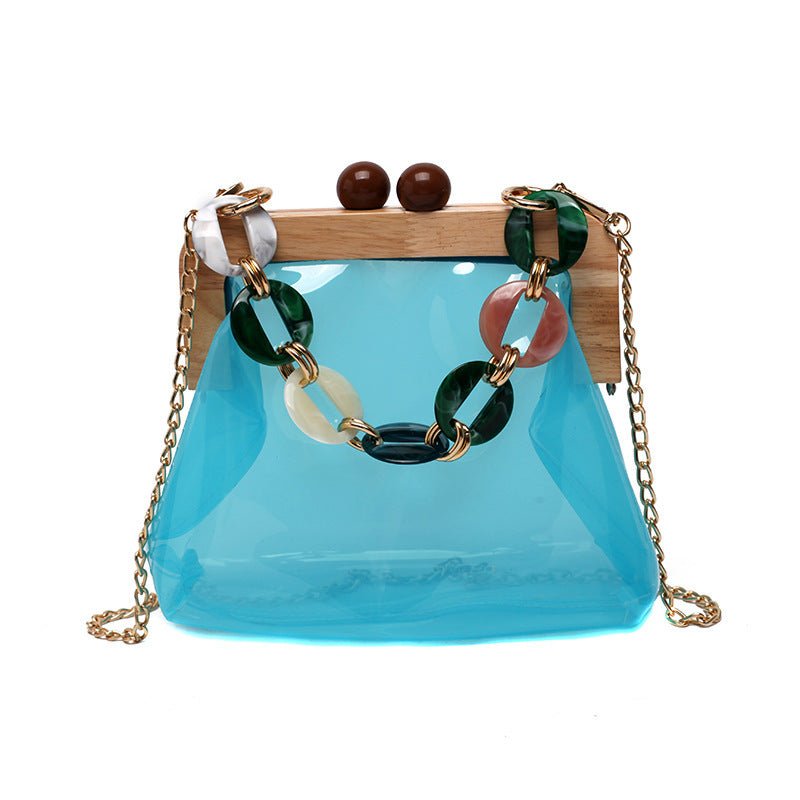 Fashion Transparent Portable Bucket Chain Messenger Women's Bag Blue