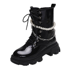 Fashion Women's Pearl Chain Platform Ankle Boots Black gloss