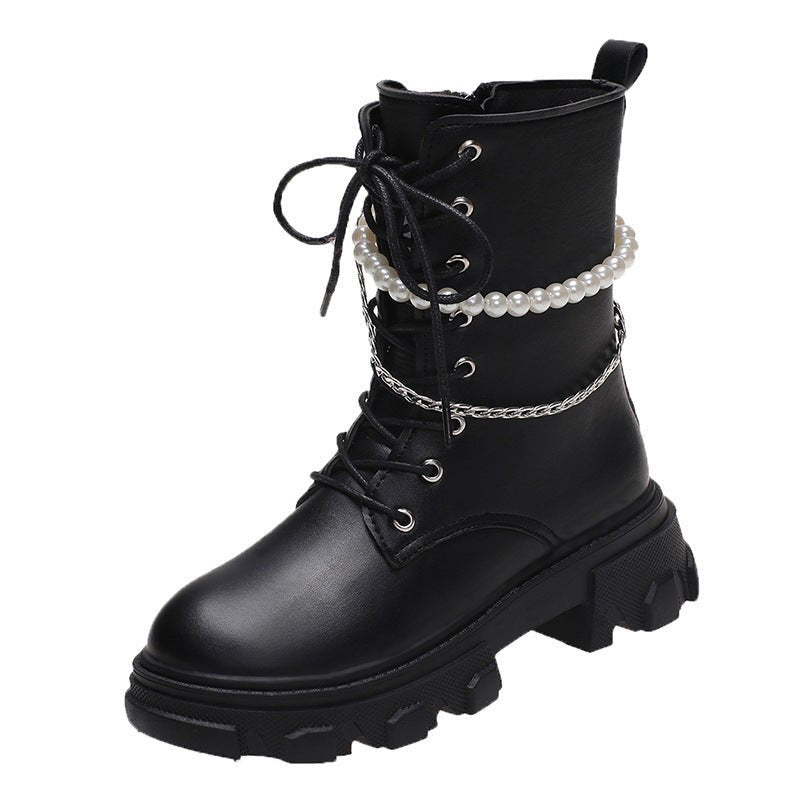 Fashion Women's Pearl Chain Platform Ankle Boots Black matt