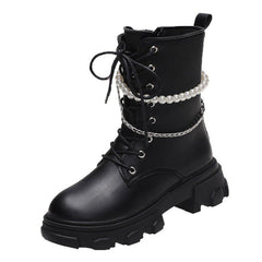 Fashion Women's Pearl Chain Platform Ankle Boots Black matt