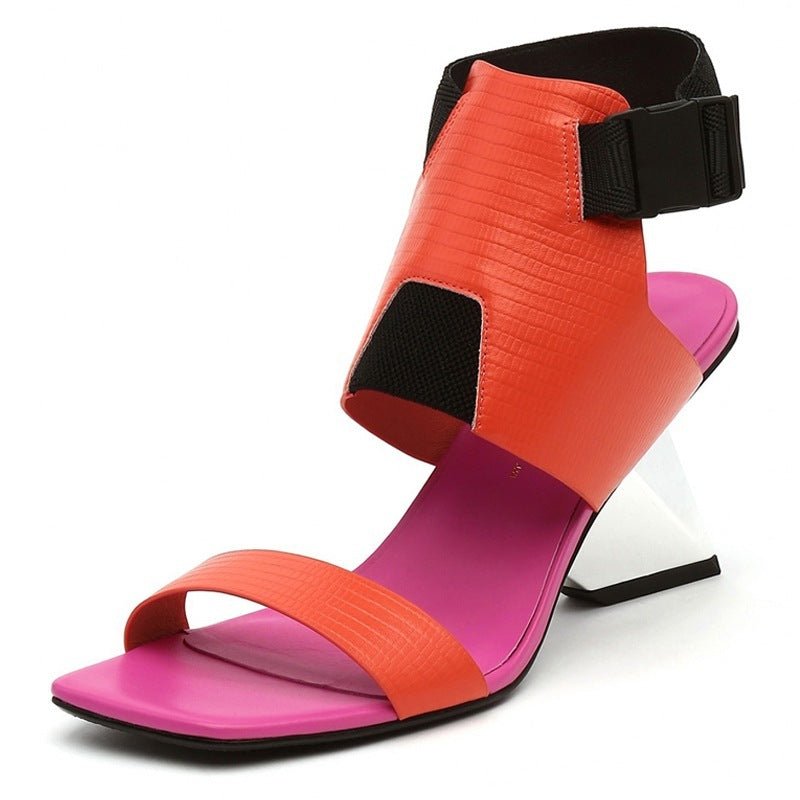 Fashionable Lizard Skin Profiled High - heeled Flip - flop Color Matching Roman Sandals Women Slippers Orange