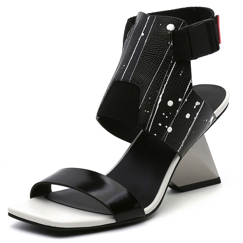 Fashionable Lizard Skin Profiled High - heeled Flip - flop Color Matching Roman Sandals Women Slippers White