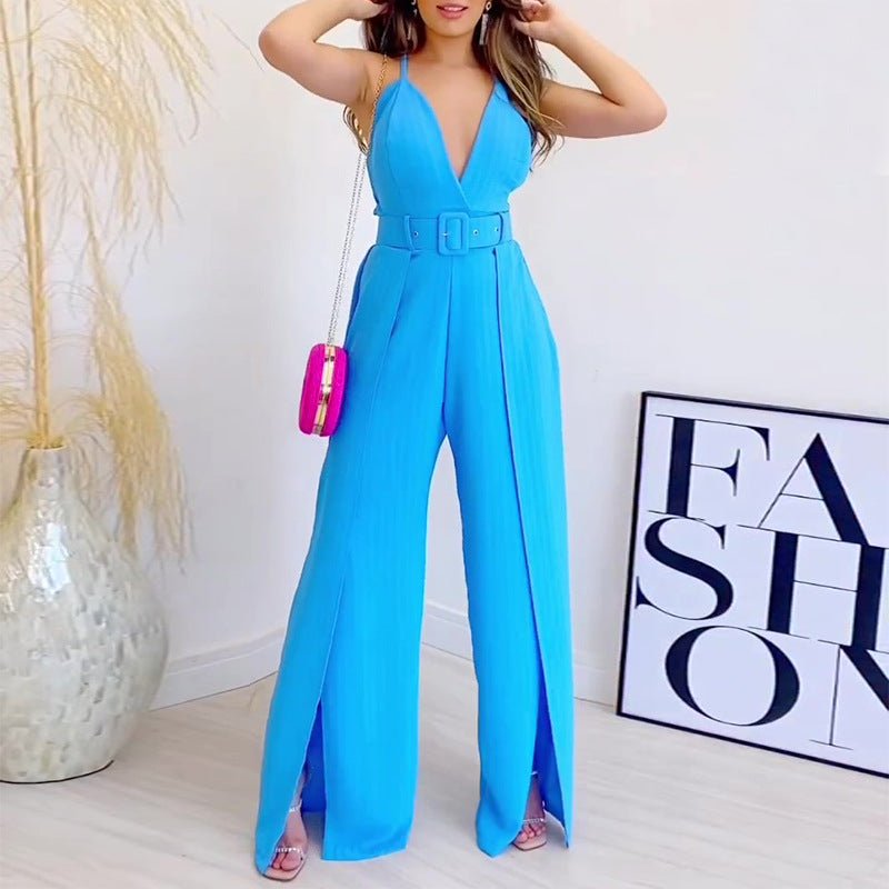 Fashionable V - neck Brace High Waist Hem Jumpsuit S
