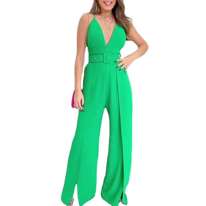 Fashionable V - neck Brace High Waist Hem Jumpsuit S
