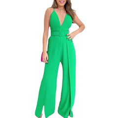 Fashionable V - neck Brace High Waist Hem Jumpsuit S