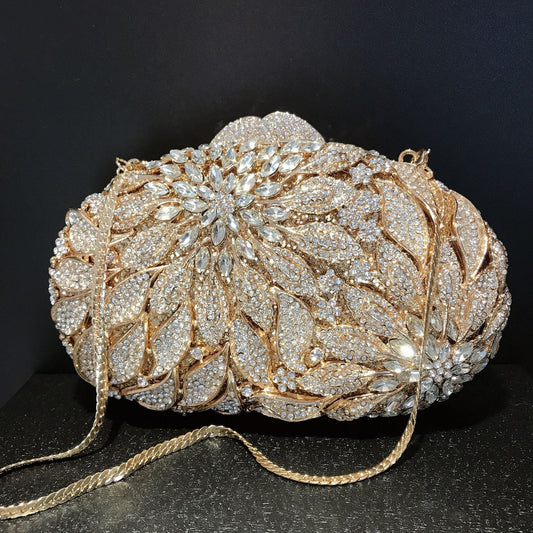 Female Leaf Flower Inlaid Diamond Dinner Bag Gold Bottom White Diamond