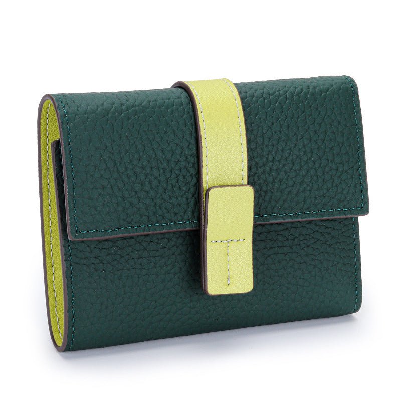 First Layer Short Cowhide Color Matching Wallet Green