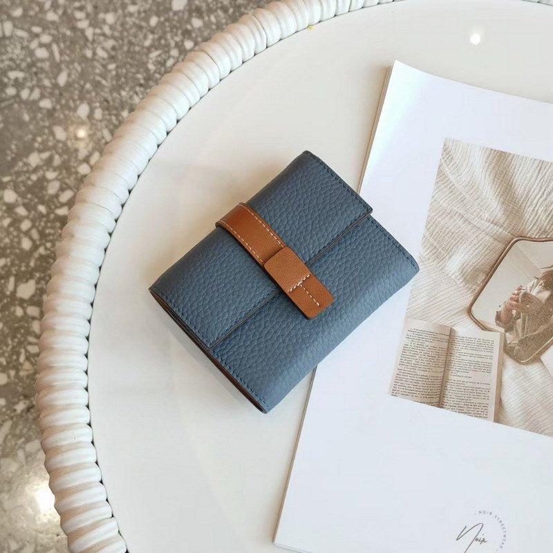 First Layer Short Cowhide Color Matching Wallet Blue