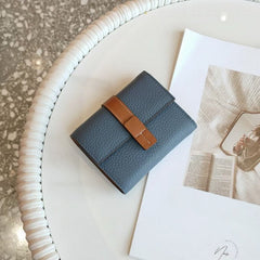 First Layer Short Cowhide Color Matching Wallet Blue