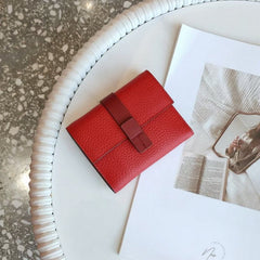 First Layer Short Cowhide Color Matching Wallet Red