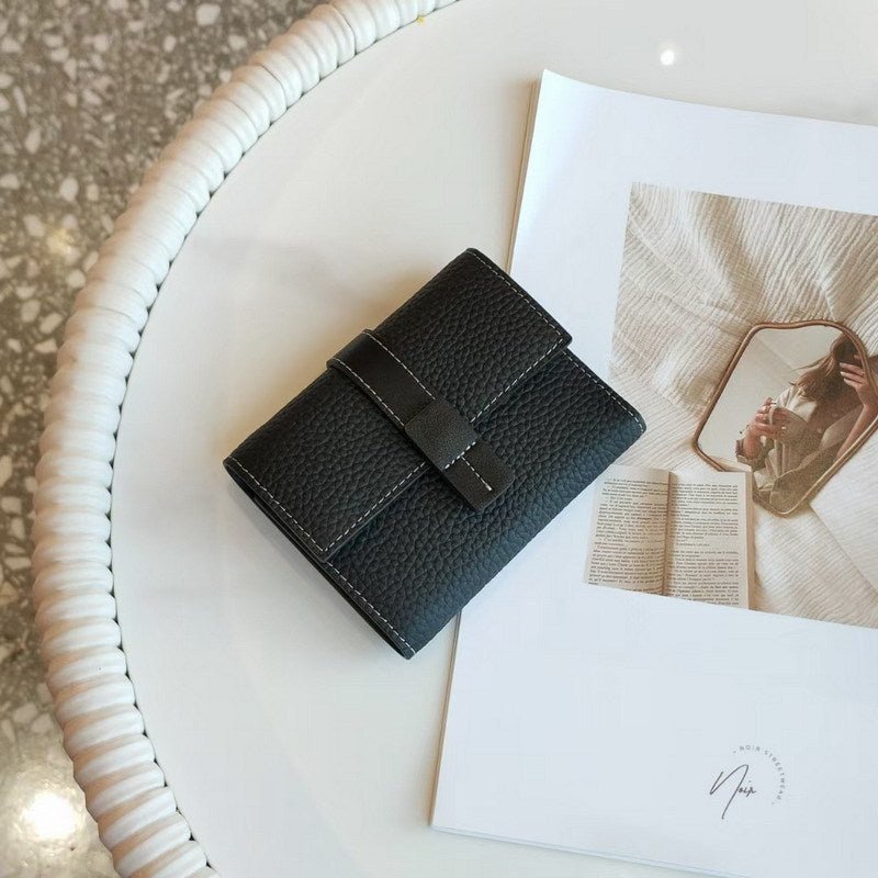 First Layer Short Cowhide Color Matching Wallet Black
