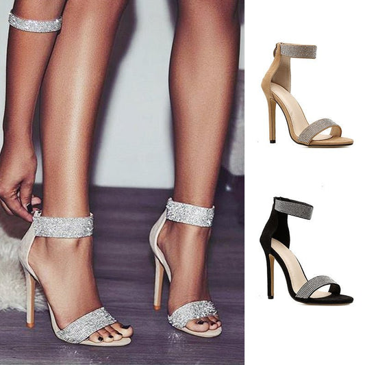 Fish mouth rhinestone high heel women sandals Apricot