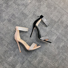 Fish mouth rhinestone high heel women sandals Apricot