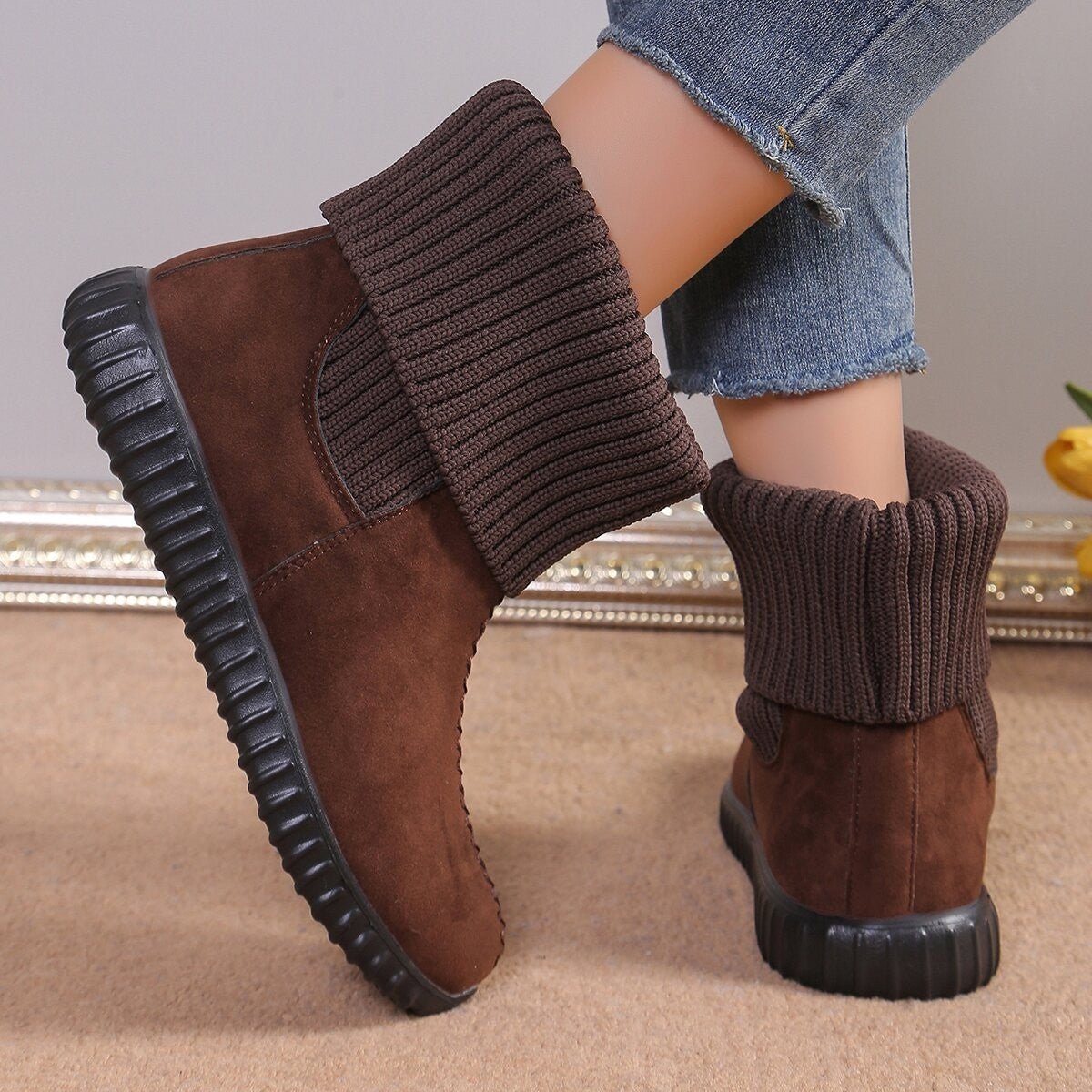 Flat Ankle Boots With Reversible Knitted Design Coffee