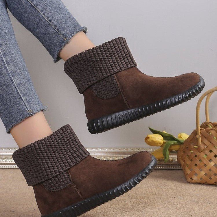 Flat Ankle Boots With Reversible Knitted Design Coffee