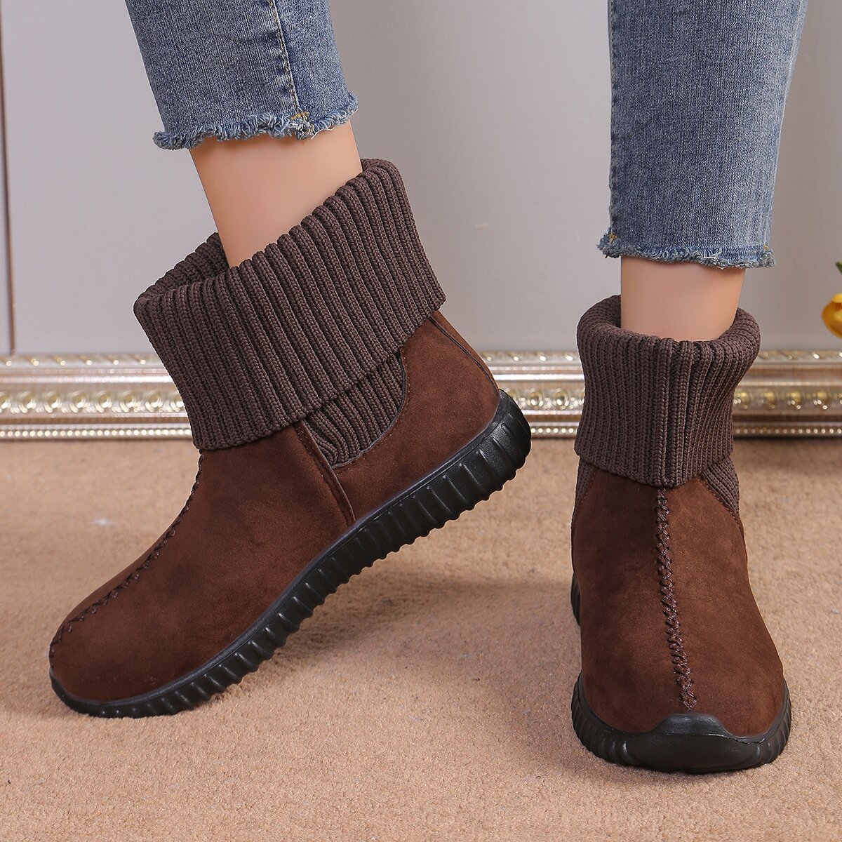 Flat Ankle Boots With Reversible Knitted Design Coffee