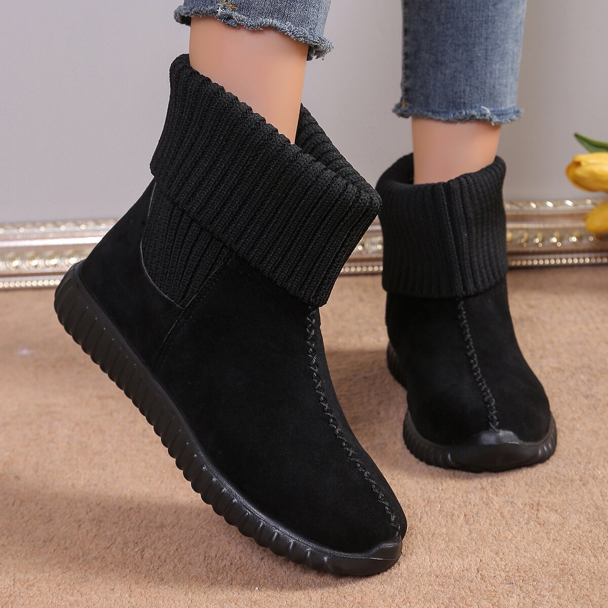 Flat Ankle Boots With Reversible Knitted Design Black