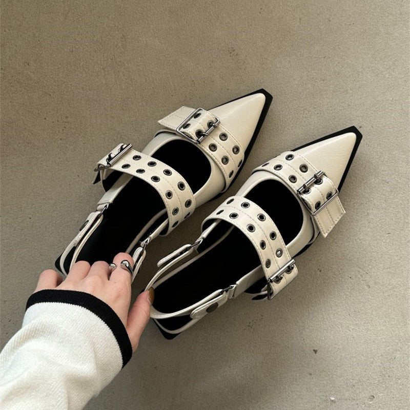 French Pointed - toe Ma Retro Mid - thick Heel Leather Pumps for Work Creamy White